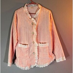 Vintage Fashion Pink Fleece Pajama Top Lace Trim Button Front Coquette Size 4